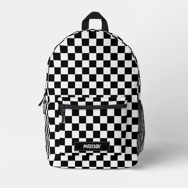 Modern Checkered Black & White Pattern Custom Name Printed Backpack (Front)