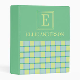 Modern Checkered Blue Green Lime Monogram Name Mini Binder