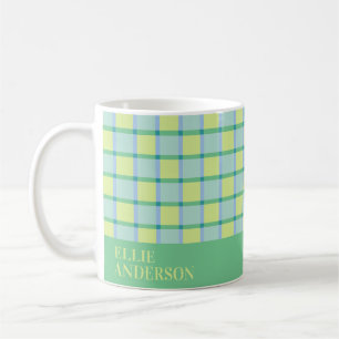 Modern Checkered Blue Green Lime Personalized Coffee Mug