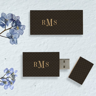 Modern Checkered Monogrammed Initials Elegant USB Wood USB Flash Drive