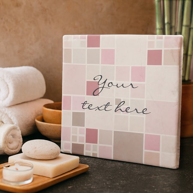 Modern Checkered Mosaic Pastel Pink Stone Coaster (Elegant stone coaster with a modern mosaic design in warm pastel pink colors. )