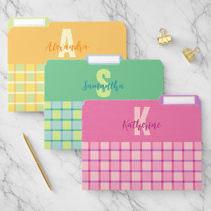 Modern Checkered Pink Green Orange Monogram Name File Folder