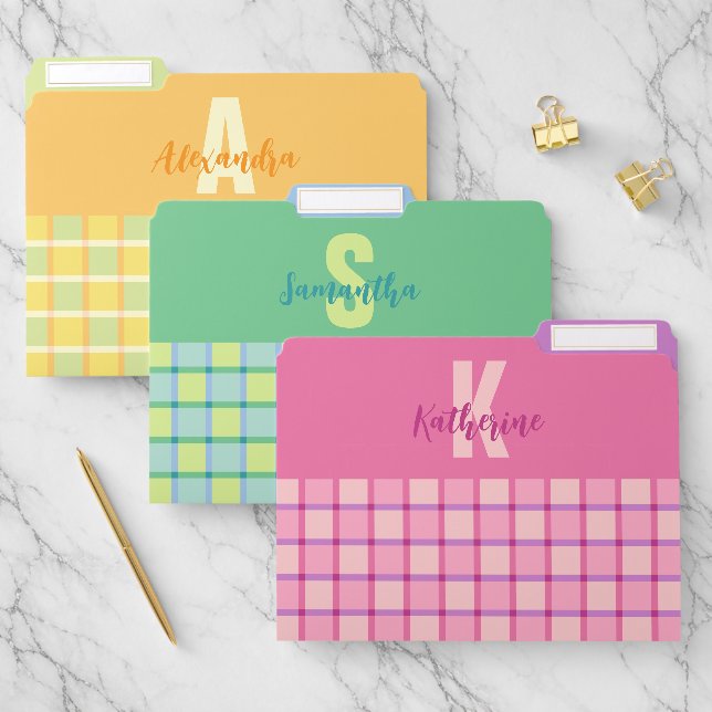 Modern Checkered Pink Green Orange Monogram Name File Folder (Set)