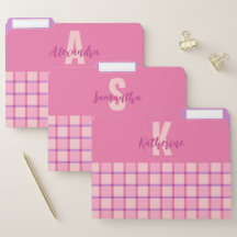 Modern Checkered Pink Purple Monogram Name