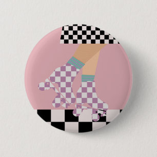 Modern Checkered Roller Skating Girl Art Checks Button