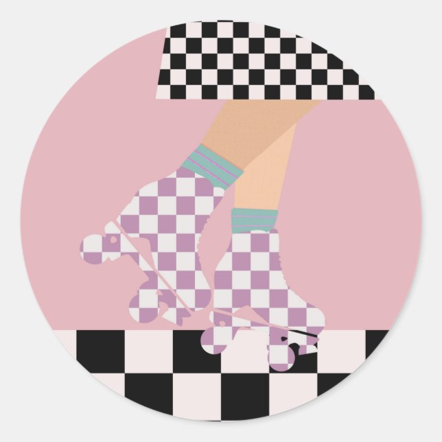Modern Checkered Roller Skating Girl Art Checks    Classic Round Sticker (Front)
