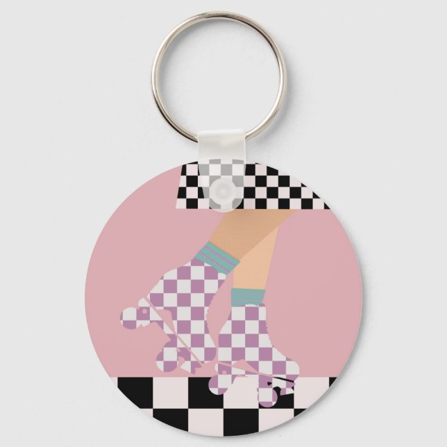 Modern Checkered Roller Skating Girl Art Checks   Keychain (Front)