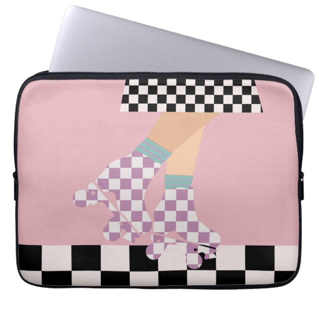 Modern Checkered Roller Skating Girl Art Checks   Laptop Sleeve (Front)