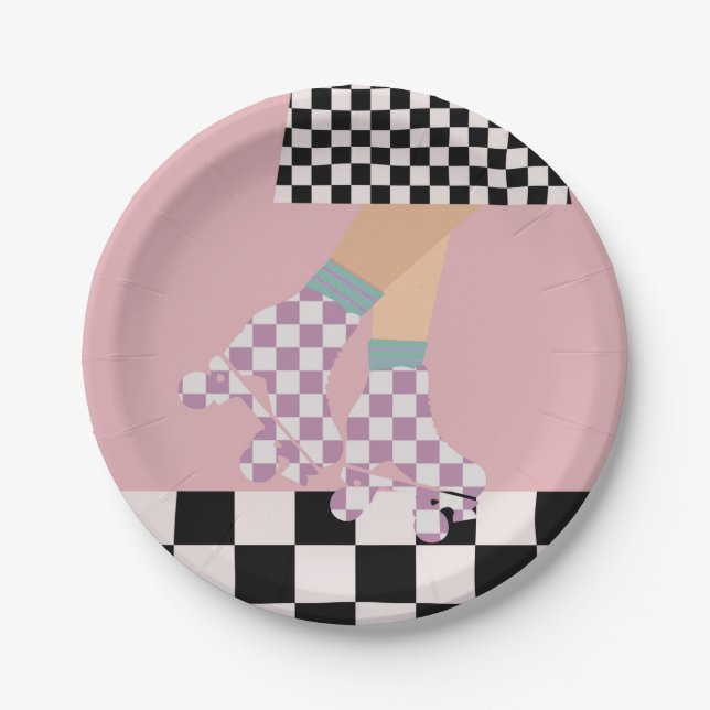 Modern Checkered Roller Skating Girl Art Checks  Paper Plates (Front)