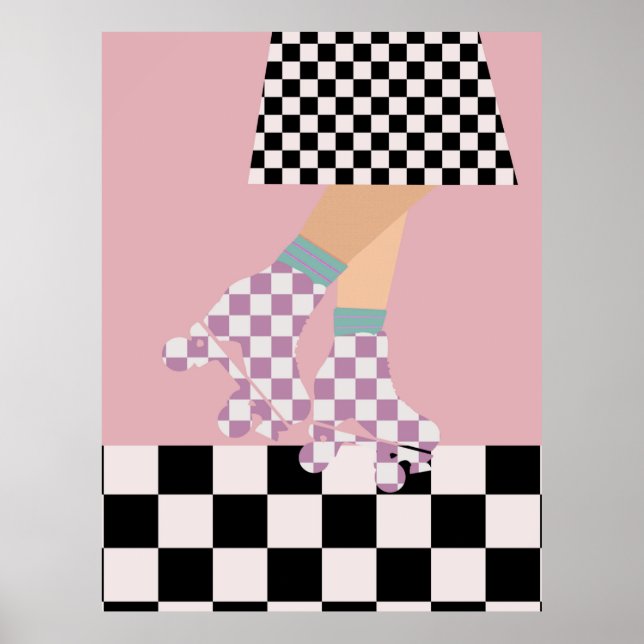 Modern Checkered Roller Skating Girl Art Checks Poster (Front)