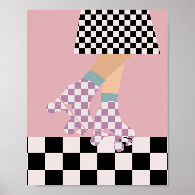Modern Checkered Roller Skating Girl Art Checks  Poster (Front)