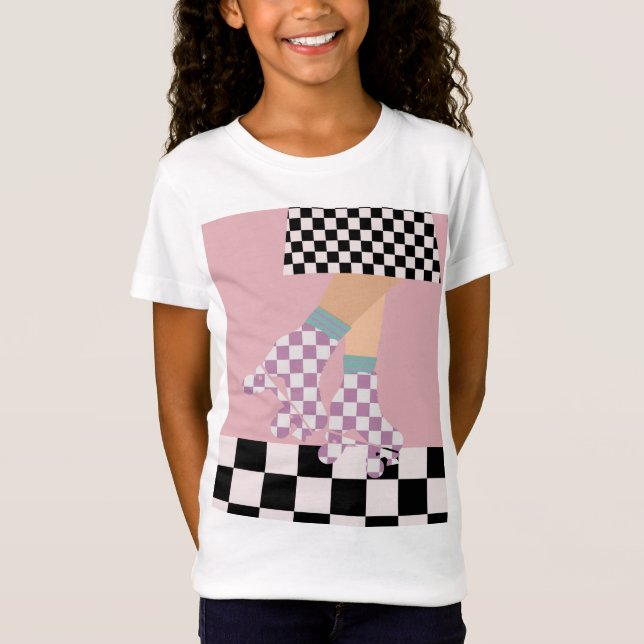 Modern Checkered Roller Skating Girl Art Checks  T-Shirt (Front)