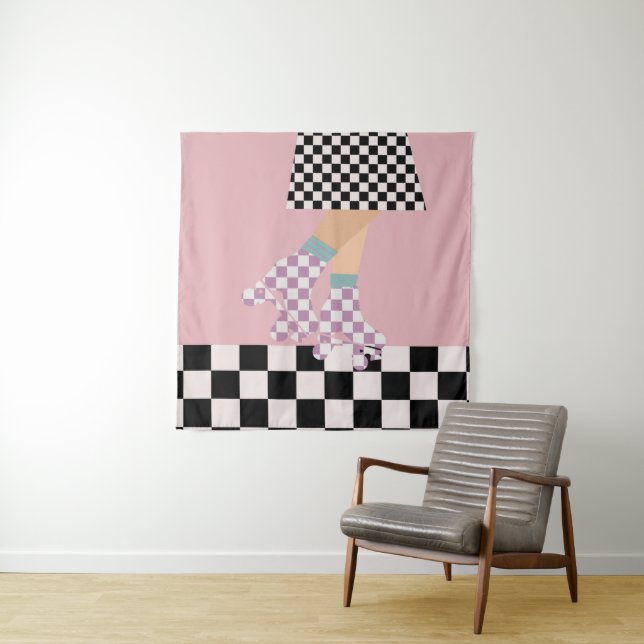 Modern Checkered Roller Skating Girl Art Checks   Tapestry (In Situ)