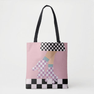 Modern Checkered Roller Skating Girl Art Checks Tote Bag