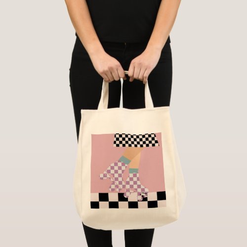 Modern Checkered Roller Skating Girl Art Checks Tote Bag