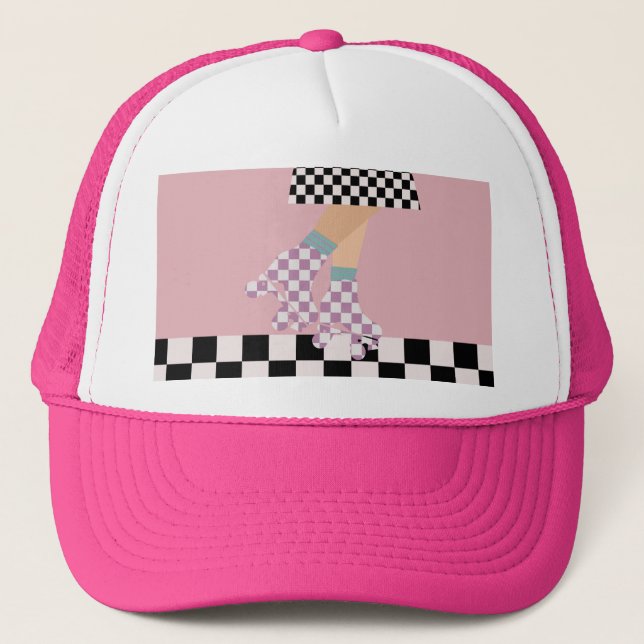 Modern Checkered Roller Skating Girl Art Checks   Trucker Hat (Front)