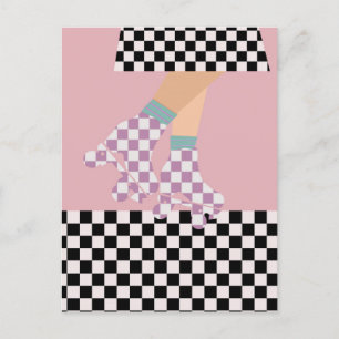 Modern Checkered Roller Skating Girl Art  Postcard