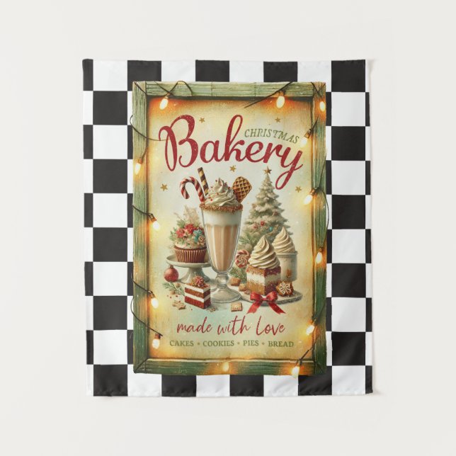Modern checkered Rustic Chirstmas bakery  Tapestry (Front)