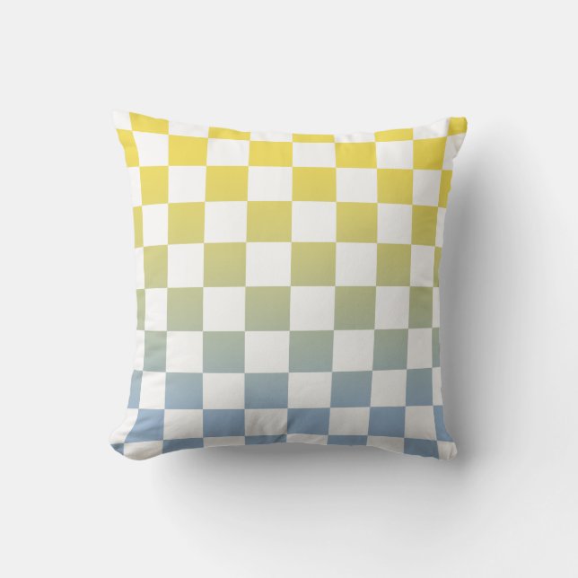 Modern Checkered Yellow to Blue Gradient Pattern Throw Pillow (Front)