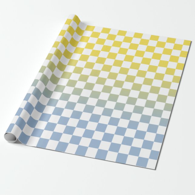 Modern Checkered Yellow to Blue Gradient Pattern Wrapping Paper (Unrolled)