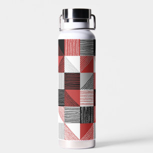 Modern Checks with Lines, Black, Red, White, Gray Water Bottle