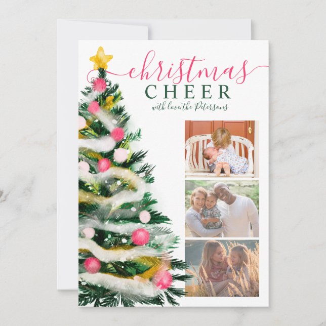Modern Cheer Christmas tree watercolor 3 photos Card (Front)