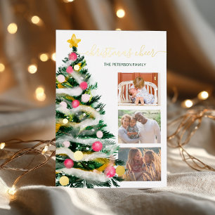 Modern Cheer Christmas tree watercolor 3 photos Foil Holiday Card