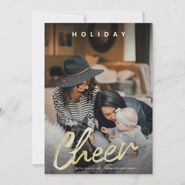 Modern Cheer Gold Brush Script Christmas Photo Holiday Card (Front)