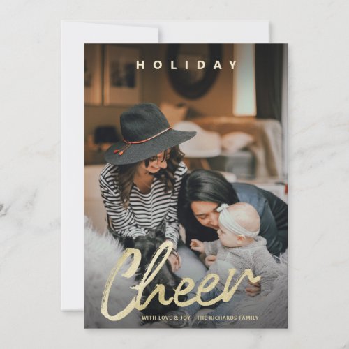 Modern Cheer Gold Brush Script Christmas Photo Holiday Card