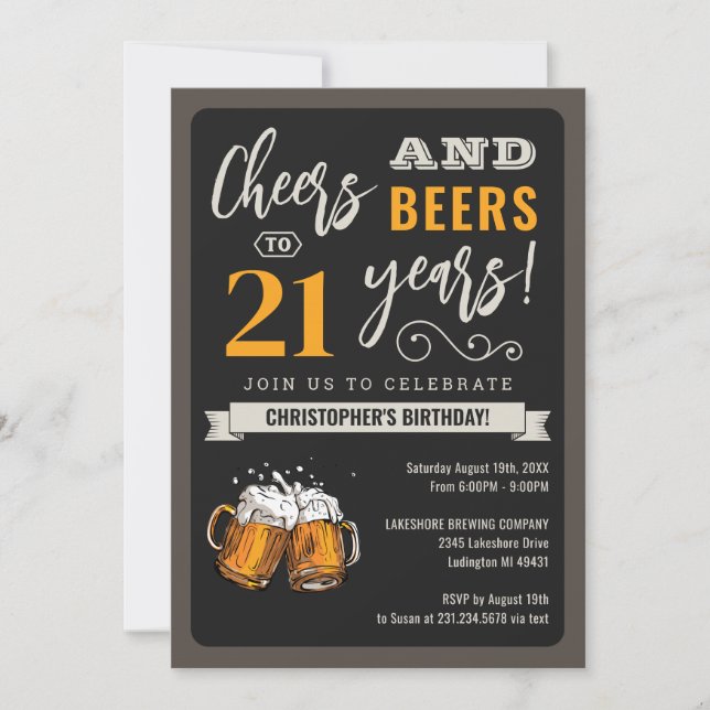 Modern Cheers and Beers 21st Birthday Invitation (Front)