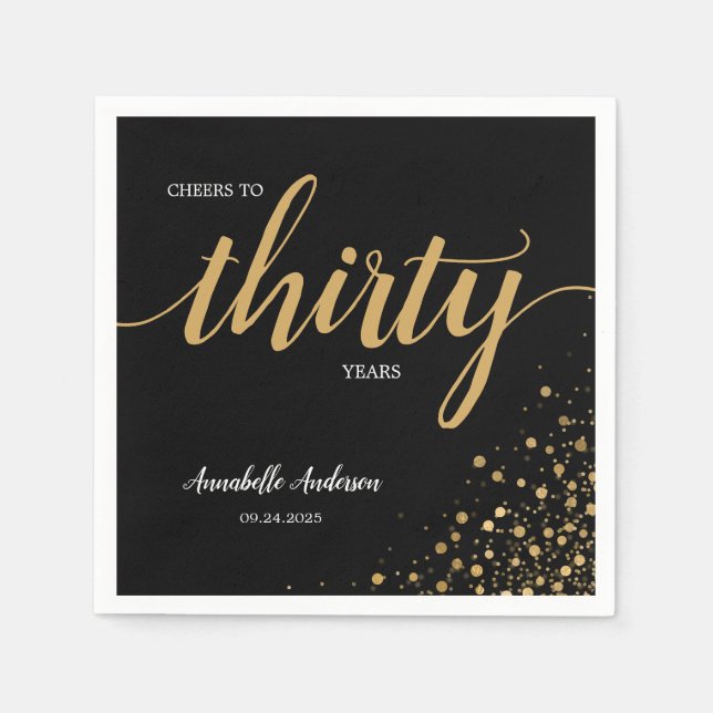 Modern Cheers Black Gold Confetti 30th Birthday Napkins (Front)