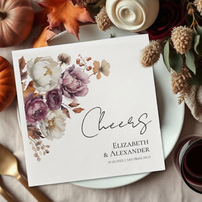 Modern Cheers  | Burgundy Floral Autumn Wedding Napkins (Creator Uploaded)