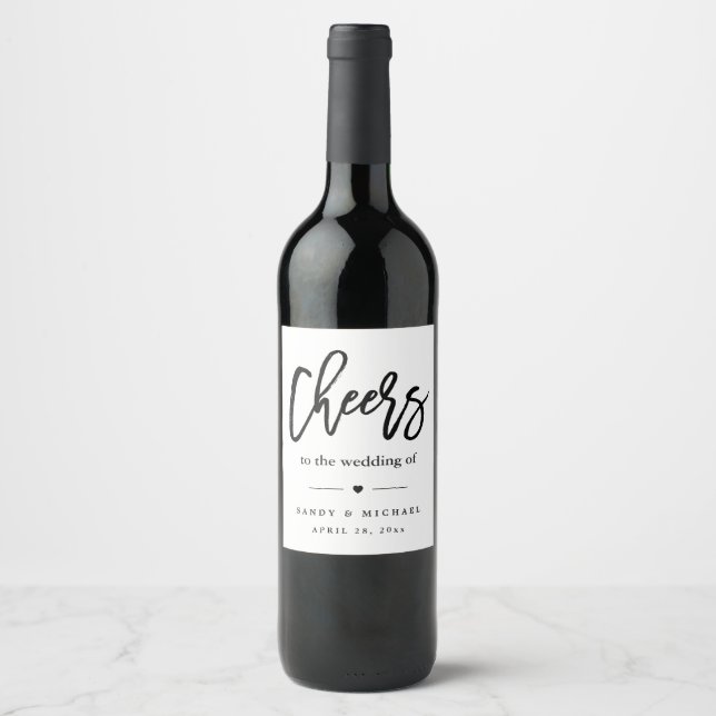 Modern Cheers Calligraphy Script Wedding Favor Wine Label (Front)