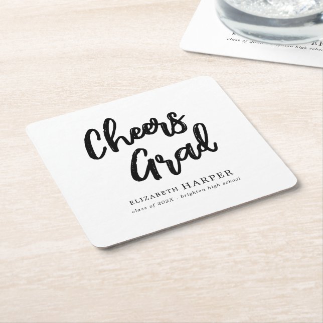 Modern Cheers Grad Brush Script Graduation  Square Paper Coaster (Angled)