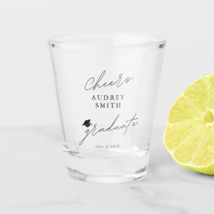 Modern Cheers Graduate Script Graduation Hat Shot Glass