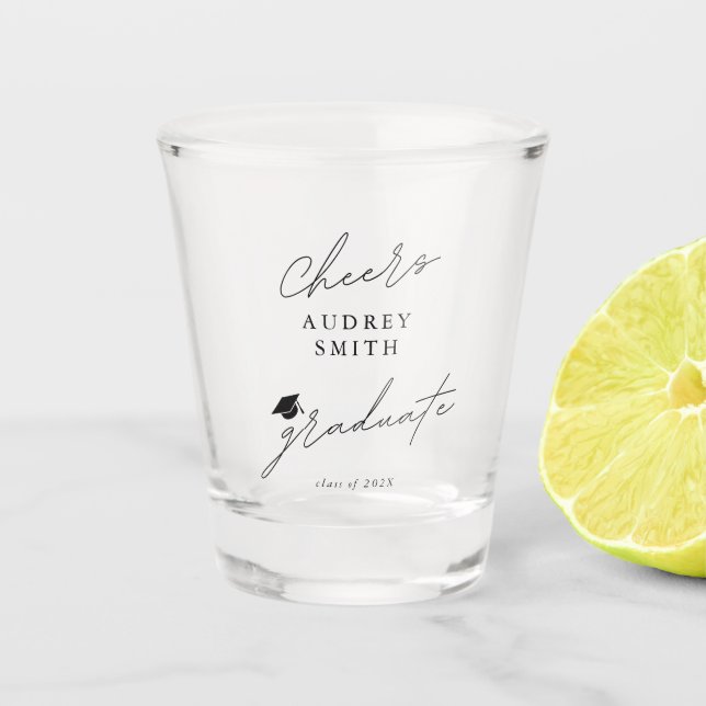 Modern Cheers Graduate Script Graduation Hat Shot Glass (Front)