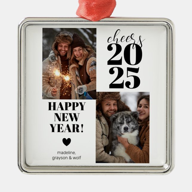 Modern Cheers Happy New Year Photo Metal Ornament (Front)