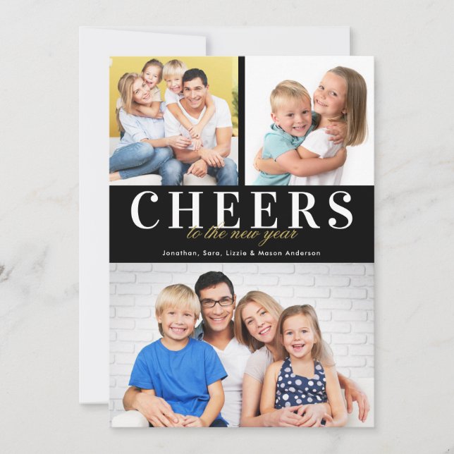 Modern Cheers New Year Black Add Message 3 Photos Holiday Card (Front)