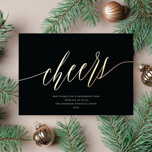 Modern Cheers Non_Photo Business Black Gold Foil Holiday Card