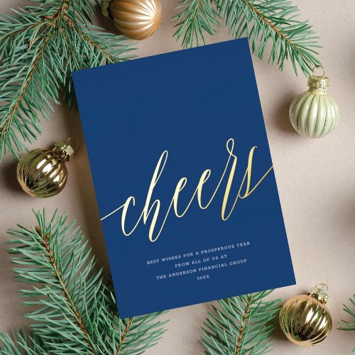 Modern Cheers Non_Photo Business Blue Christmas  Foil Holiday Card