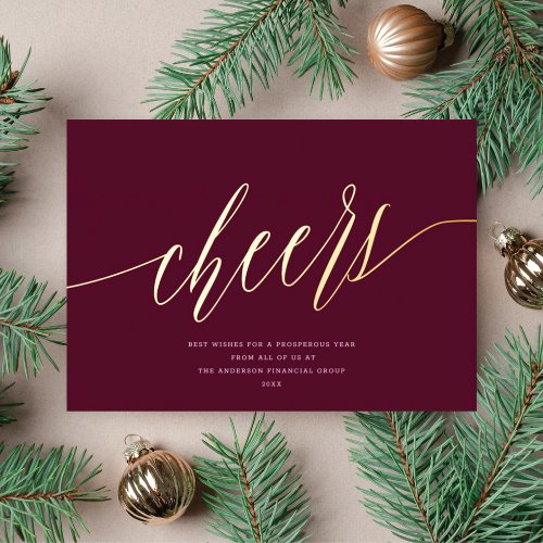 Modern Cheers Non_Photo Business Burgundy Gold Foil Holiday Card