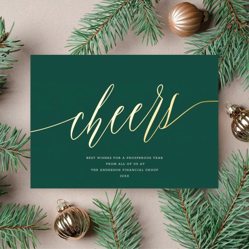 Modern Cheers Non_Photo Business Dark Green Gold Foil Holiday Card