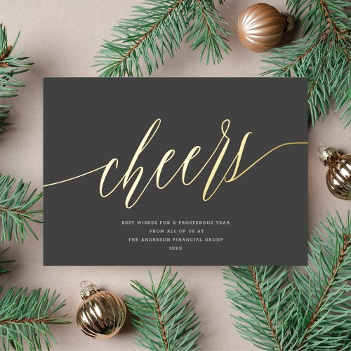 Modern Cheers Non_Photo Business Dark Grey Gold Foil Holiday Card