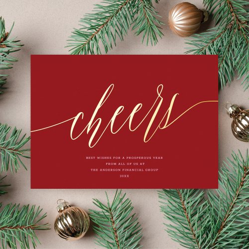Modern Cheers Non_Photo Business Deep Red Gold Foil Holiday Card