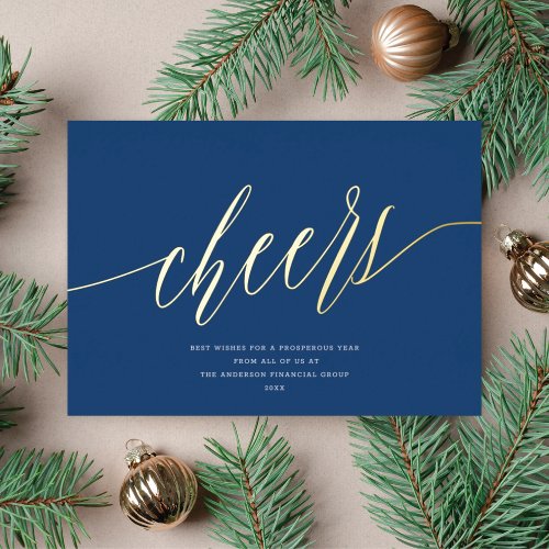 Modern Cheers Non_Photo Business Navy Blue Gold Foil Holiday Card