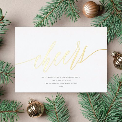 Modern Cheers Non_Photo Business White Gold Foil Holiday Card