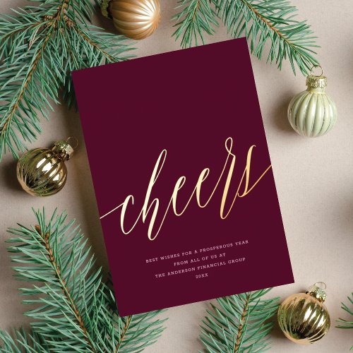 Modern Cheers NonPhoto Business Burgundy Christmas Foil Holiday Card