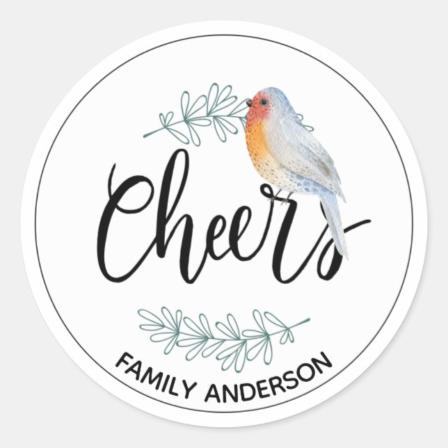 Modern CHEERS Personalized Christmas Robin Classic Round Sticker (Front)