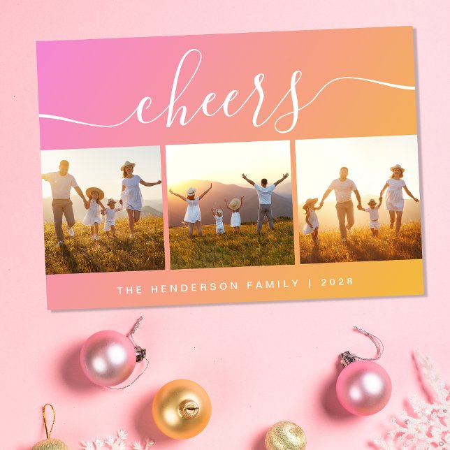 Modern Cheers Photo Pink Holiday Card (This holiday season, let your family's smiles and heartwarming memories shine on our 3 photo card)