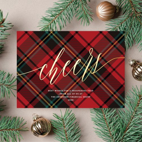 Modern Cheers Red Tartan Non_Photo Business Gold Foil Holiday Card